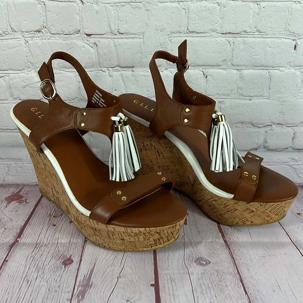 G.I.L.I. Kate Cognac Brown Leather Tassel Wedge Cork Platform Sandal Size 10